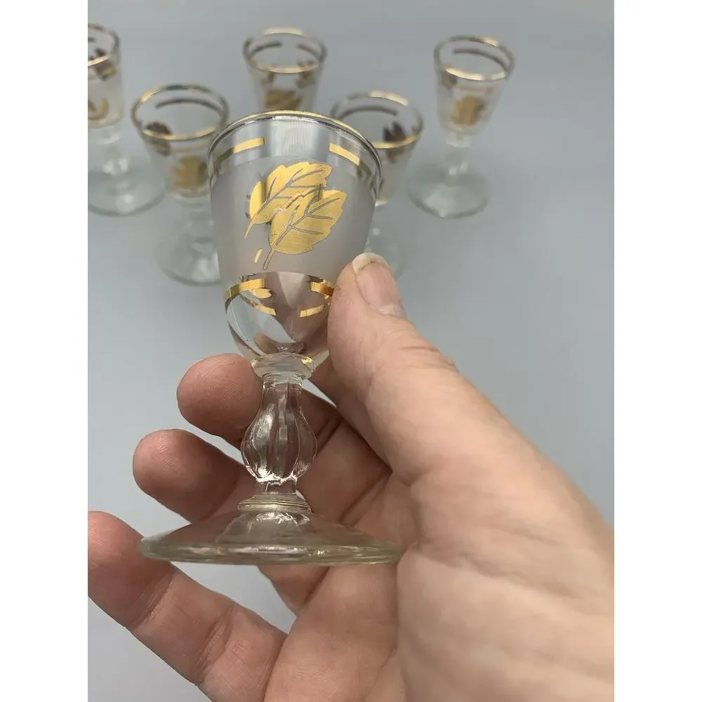 Vintage Mid Century Libbey Shot Glasses, Set Of Six, Frosted With Gold Leaf MCM